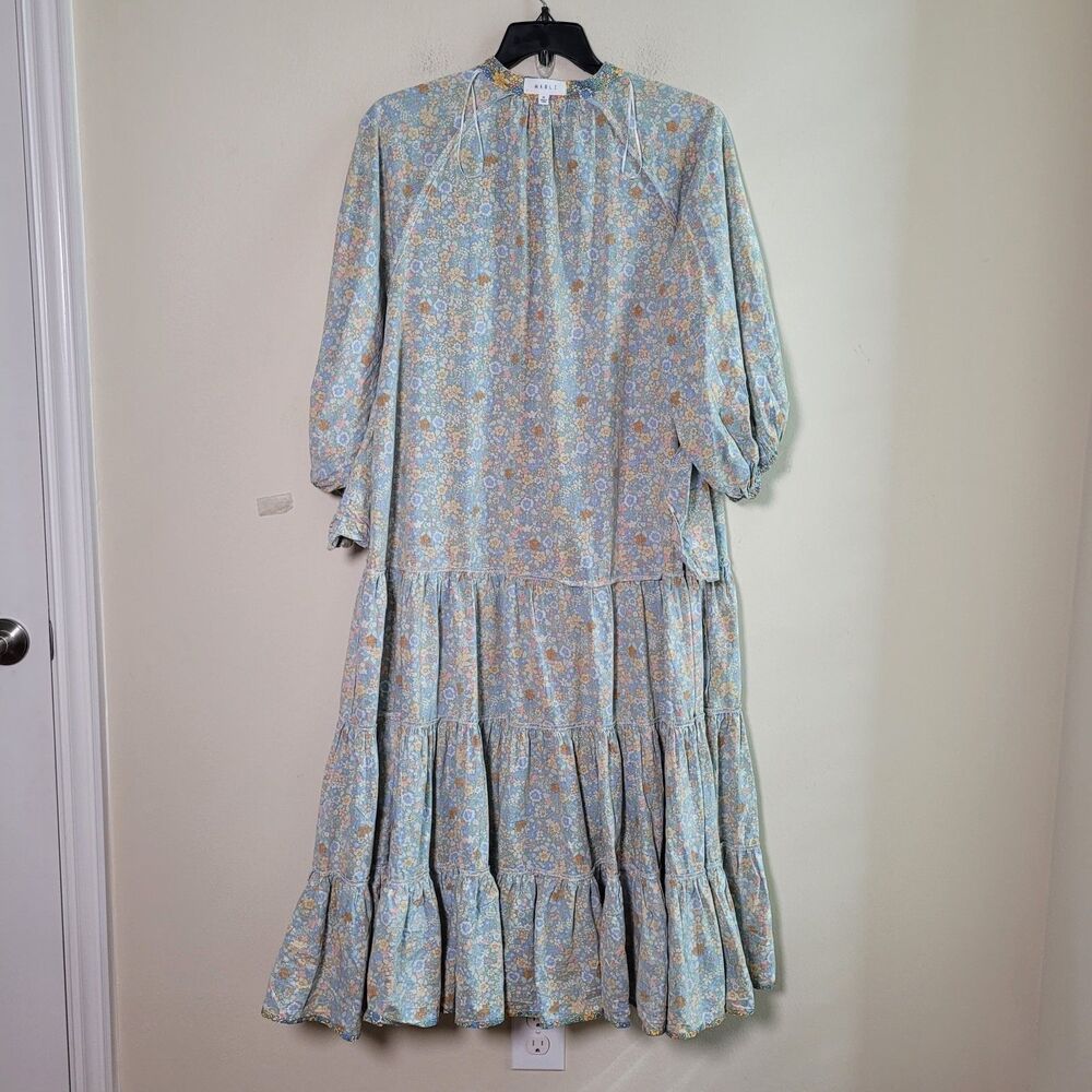 MABLE Cottagecore Tiered Maxi Shirt Dress Groovy Floral Print Spring Vacation - Picture 14 of 16